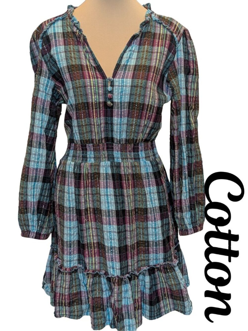 Angie Plaid Metallic Shimmer Cotton Boho Western Dres